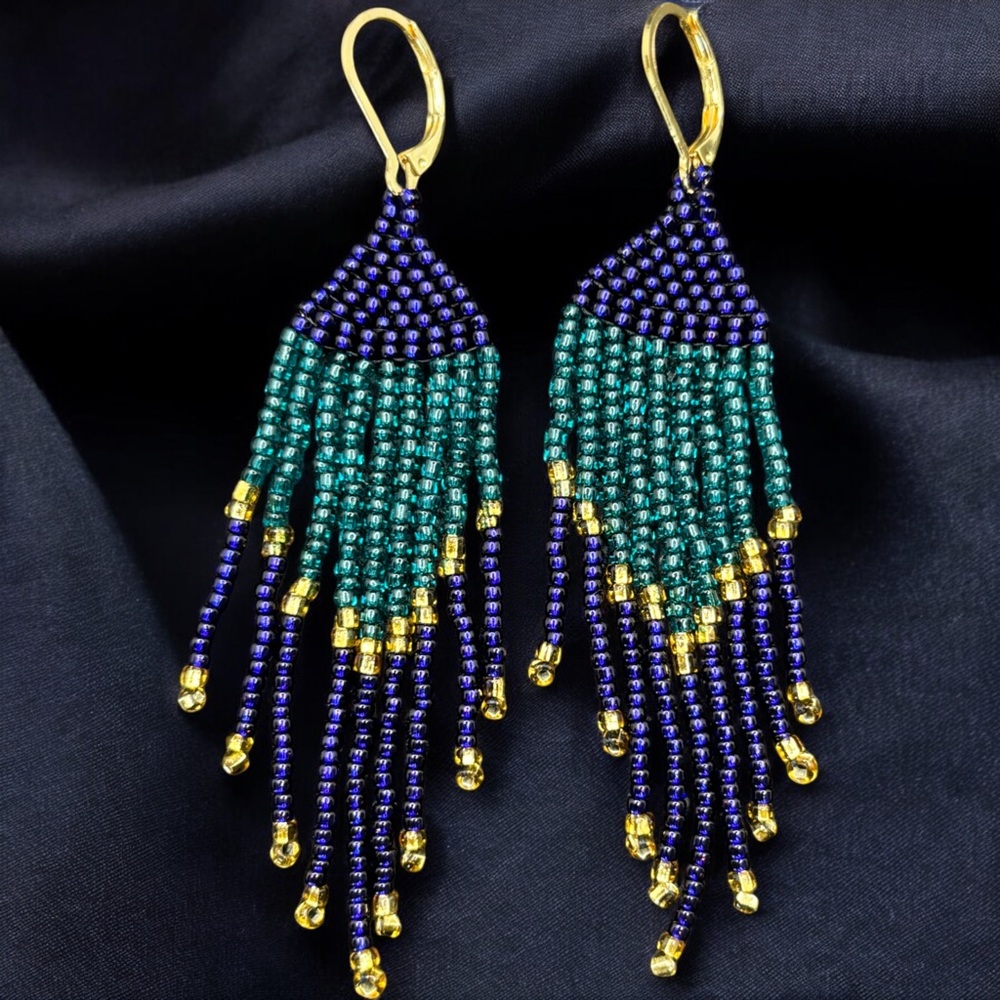 Handmade Purple & Sky Blue Dangle Fringe Tassel Seeds Beads Bohemian Earrings
